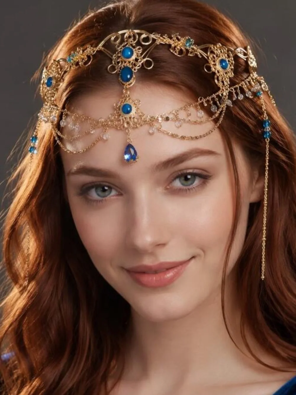 Gold and Blue Crystal Bohemian Forehead Chain Headpiece